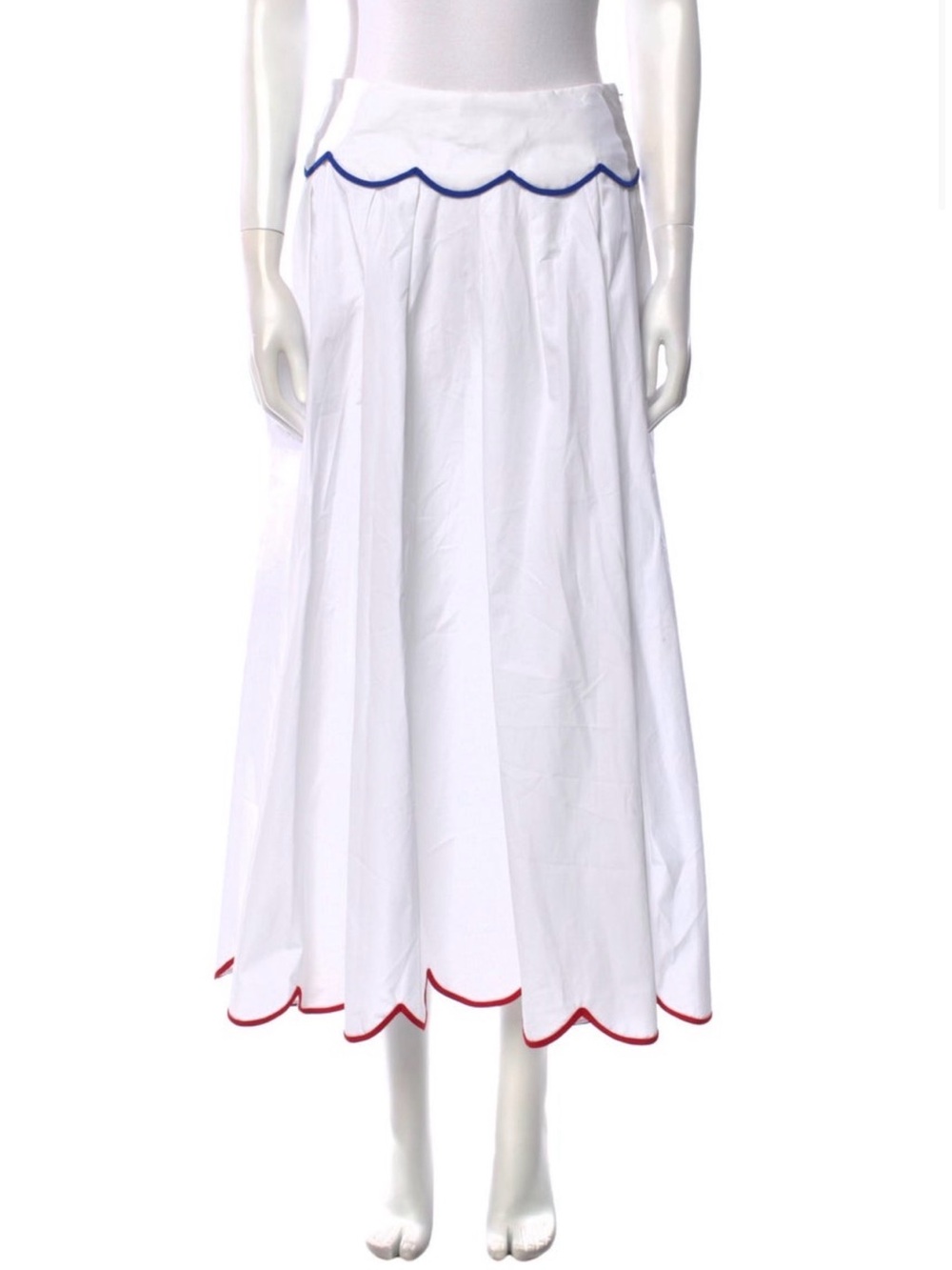 Rosie Assoulin White Maxi Skirt with Blue Waist & Red Hem Scallops